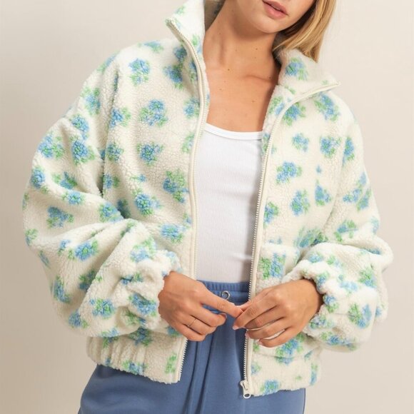 1 LEFT!! WHAT DOES IT MEAN FLORAL SHERPA FULL ZIP JACKET - Picture 1 of 3